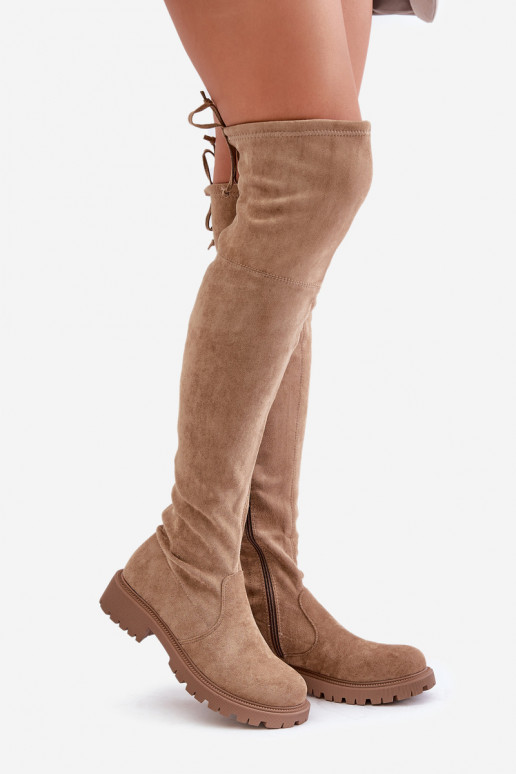 Beige laarzen tot boven de knie met brede hakken van faux suede Arkelia