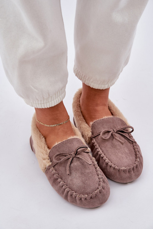 Beige dames moccasinslippers met bont Kleogoria