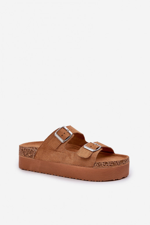 Dames slippers op een platform met gespen in bruin Aramia