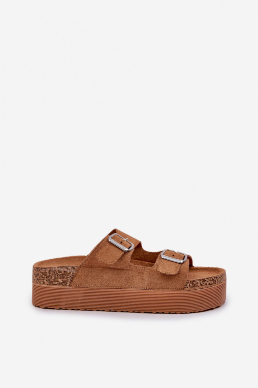 Dames slippers op een platform met gespen in bruin Aramia