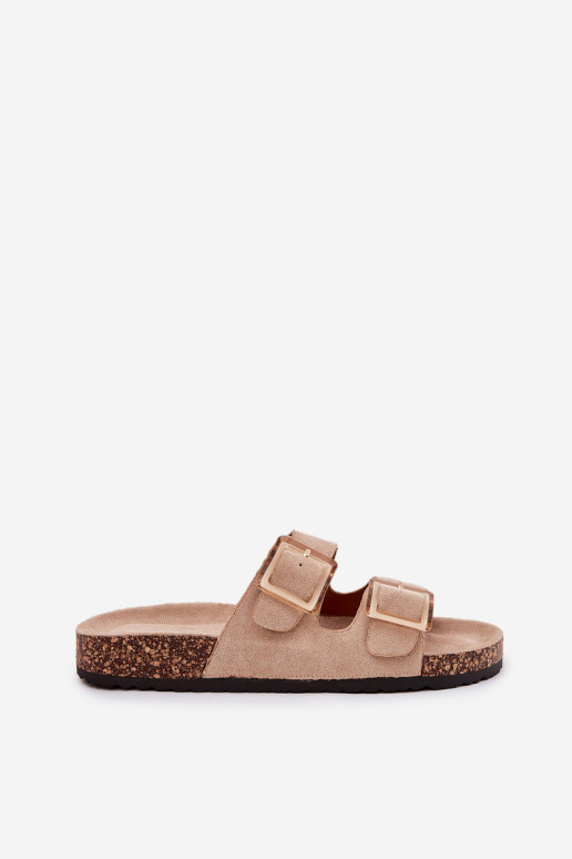 Dames slippers met gespen op een kurken zool in zand met hartjes