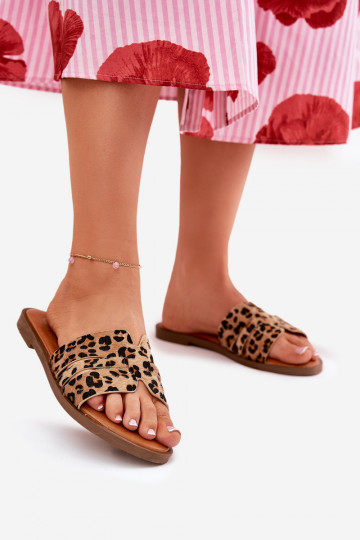 Dames slippers met brede hakken, uitsparingen en luipaardprint in bruin Teterre