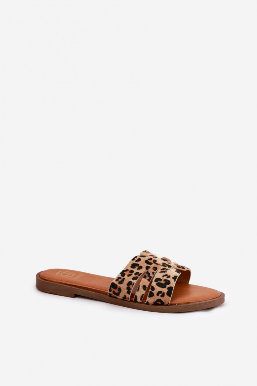 Dames slippers met brede hakken, uitsparingen en luipaardprint in bruin Teterre
