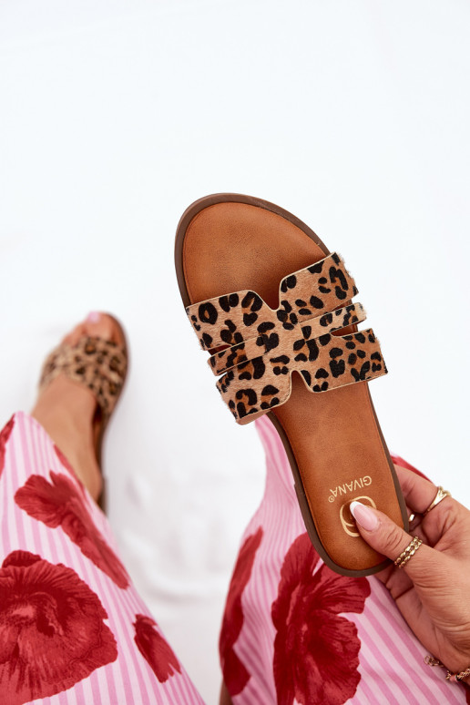 Dames slippers met brede hakken, uitsparingen en luipaardprint in bruin Teterre