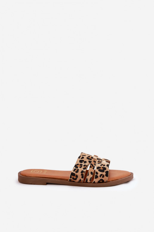 Dames slippers met brede hakken, uitsparingen en luipaardprint in bruin Teterre
