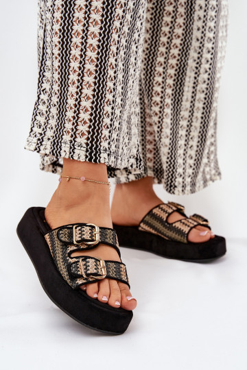 Dames slippers op een platform met gespen in zwart Limme 2