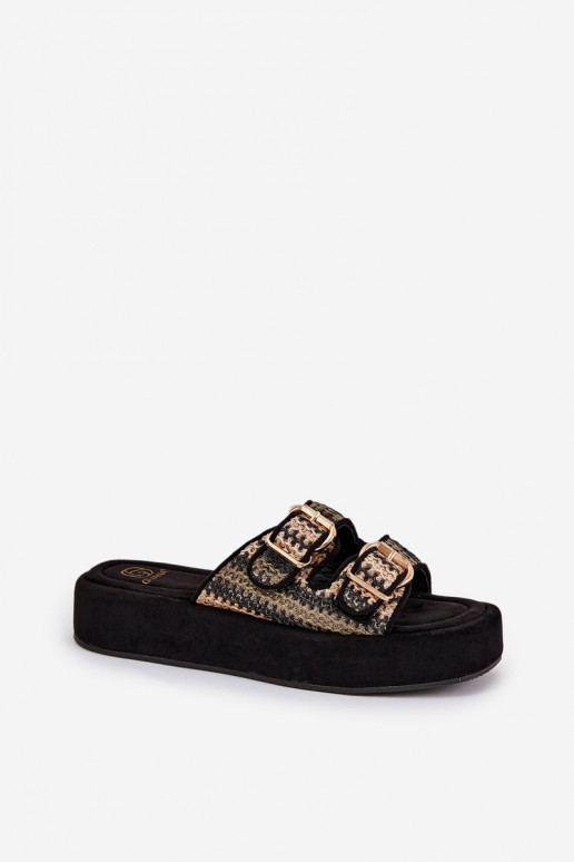Dames slippers op een platform met gespen in zwart Limme