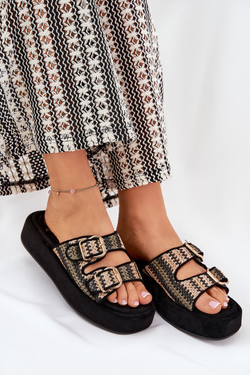 Dames slippers op een platform met gespen in zwart Limme