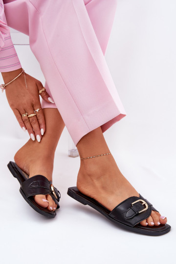 Dames slippers met platte zolen en gouden gespen in zwart Esiobb