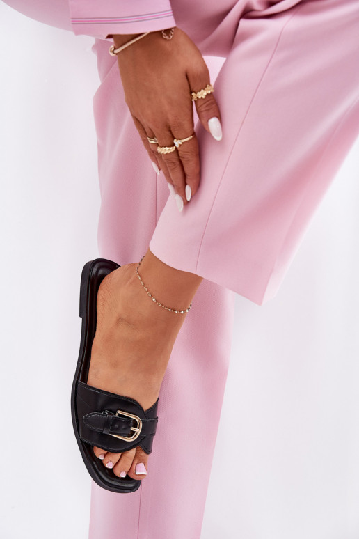 Dames slippers met platte zolen en gouden gespen in zwart Esiobb