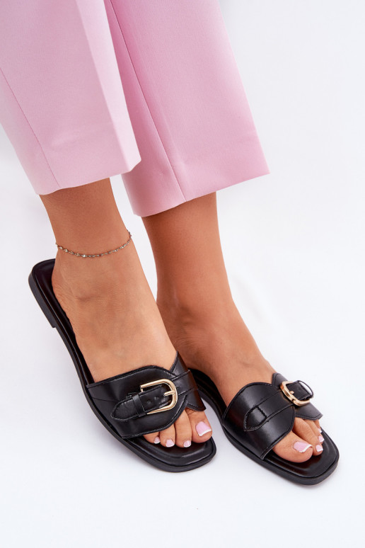 Dames slippers met platte zolen en gouden gespen in zwart Esiobb
