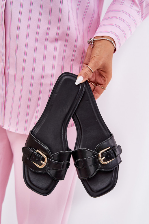 Dames slippers met platte zolen en gouden gespen in zwart Esiobb