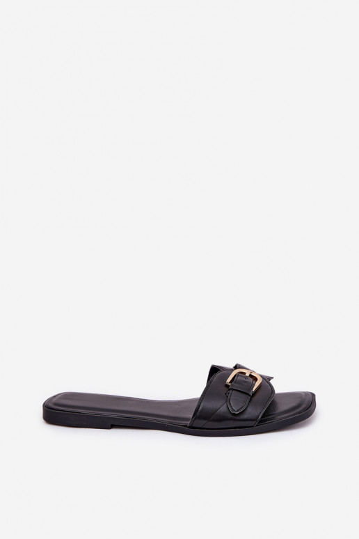 Dames slippers met platte zolen en gouden gespen in zwart Esiobb