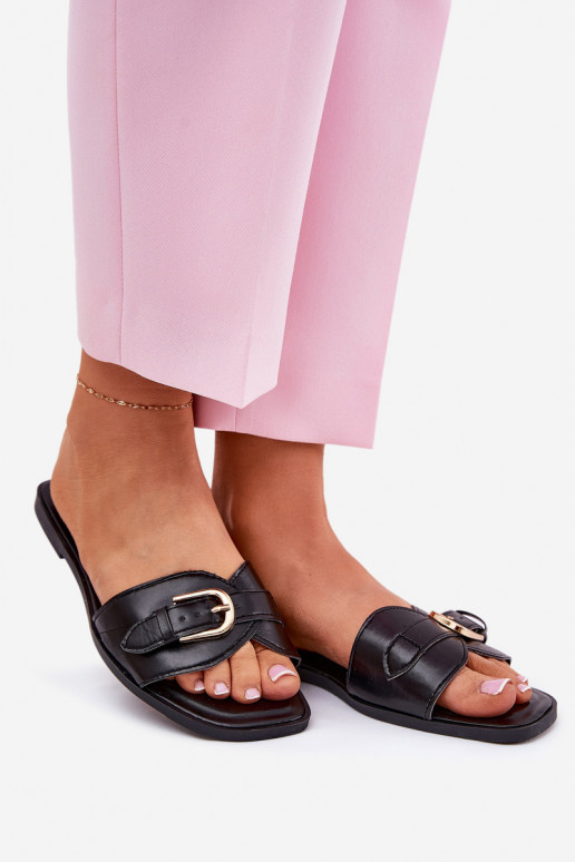 Dames slippers met platte zolen en gouden gespen in zwart Esiobb
