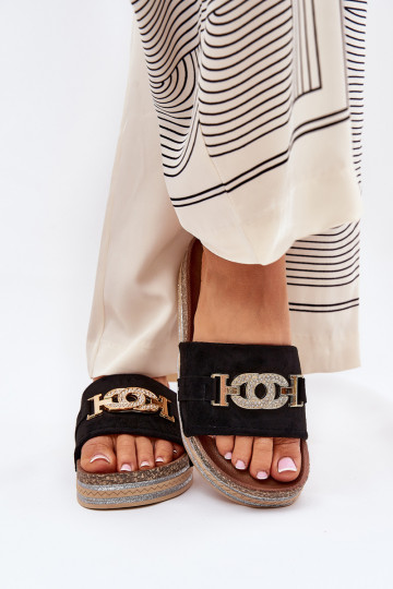 Dames slippers met details op een platform met glans in zwart Eanes 2