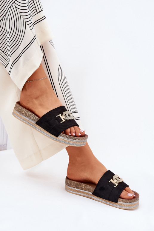 Dames slippers met details op een platform met glans in zwart Eanes