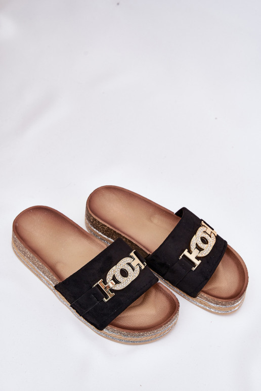 Dames slippers met details op een platform met glans in zwart Eanes