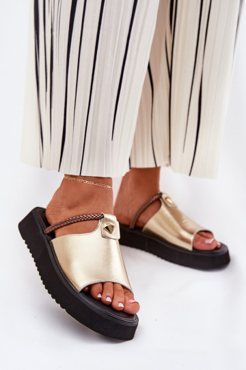 leren slippers voor dames met platform en versierde hakken in goud D&A MK51-475