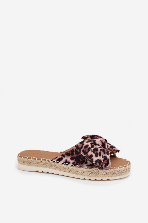Dames platformsandalen met vlecht en strik met luipaardprint in zandkleur Alpireda