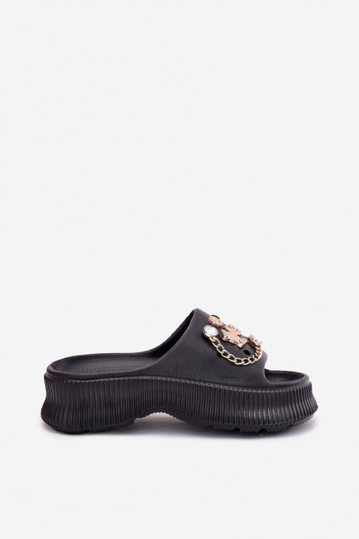 Lichte dames slippers met gouden details en clips in zwart Hortiana