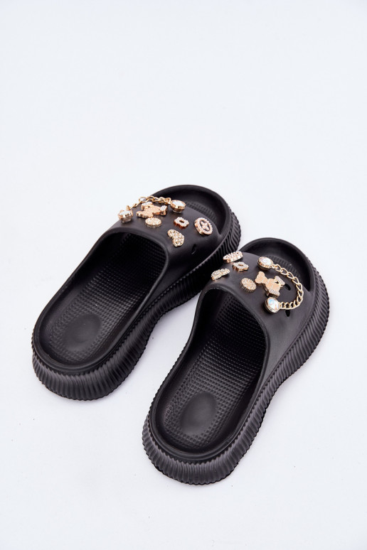 Lichte dames slippers met gouden details en clips in zwart Hortiana