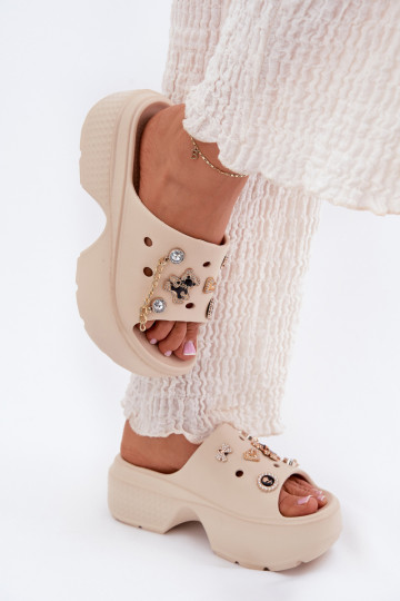 Lichte dames platformsandalen met gouden details en clips in zandkleur Ivoriel
