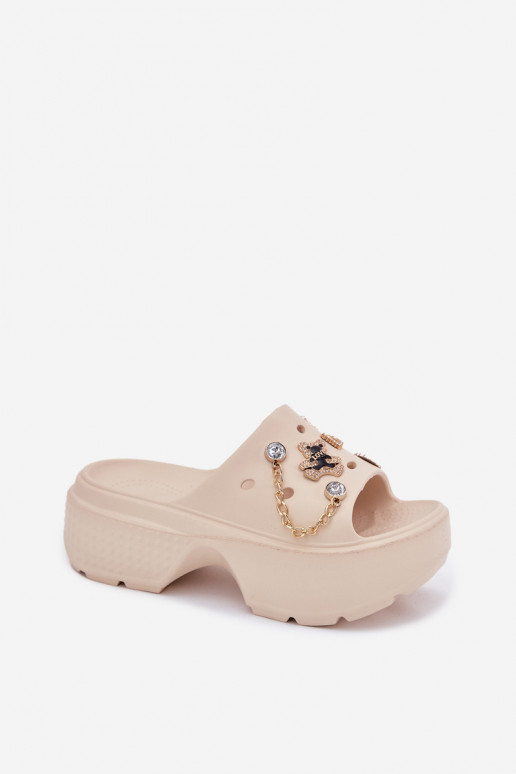 Lichte dames platformsandalen met gouden details en clips in zandkleur Ivoriel