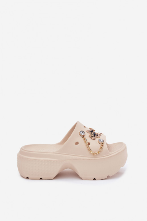Lichte dames platformsandalen met gouden details en clips in zandkleur Ivoriel