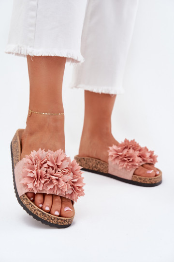 Dames slippers met kurkzool en bloemen in roze Ferenza