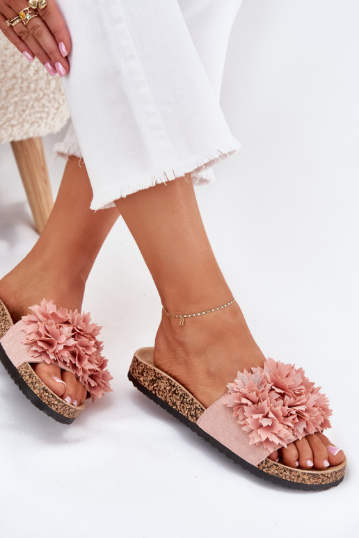Dames slippers met kurkzool en bloemen in roze Ferenza