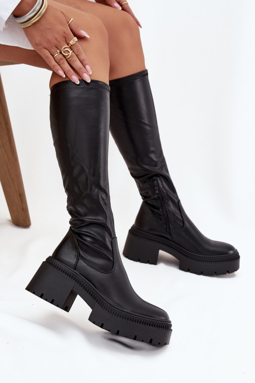 Dames lange laarzen op chunky hakken en platform, instap, zwart Florinne