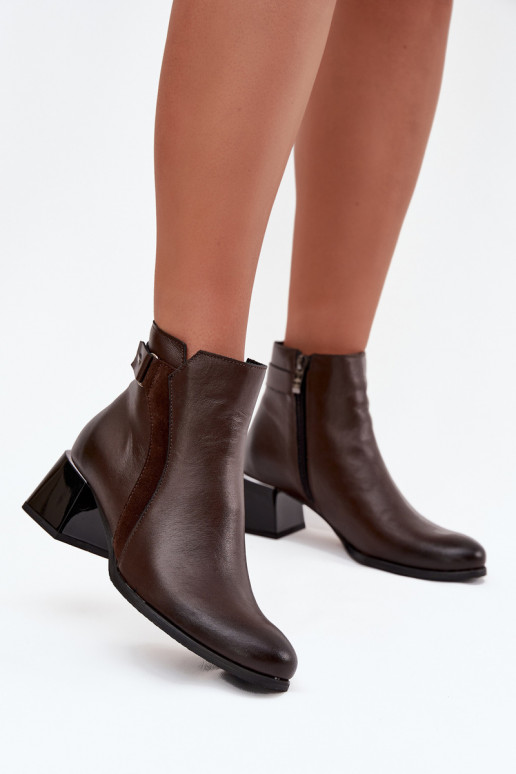 Leren warme dames enkellaarsjes met hakken, chocolade Zazoo 60563