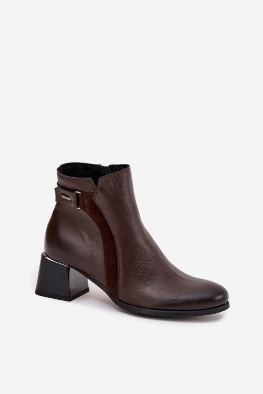 Leren warme dames enkellaarsjes met hakken, chocolade Zazoo 60563