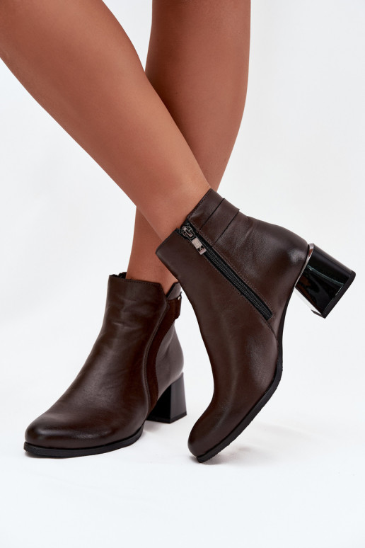 Leren warme dames enkellaarsjes met hakken, chocolade Zazoo 60563