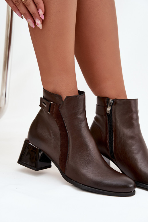 Leren warme dames enkellaarsjes met hakken, chocolade Zazoo 60563