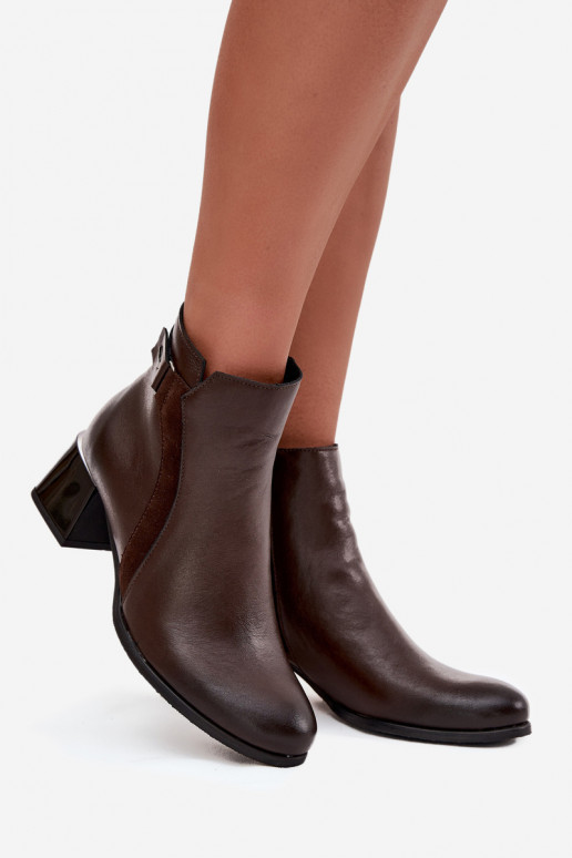 Leren warme dames enkellaarsjes met hakken, chocolade Zazoo 60563