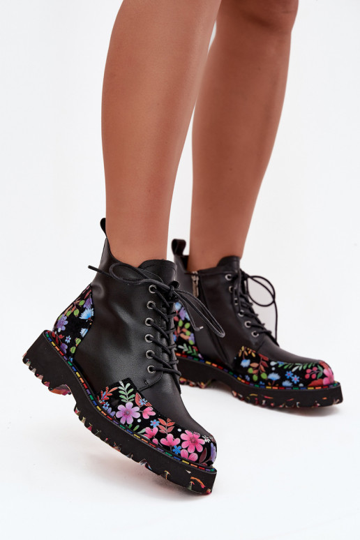 Zwarte leren warme dames enkellaarsjes met bloemen Artiker 57C0180