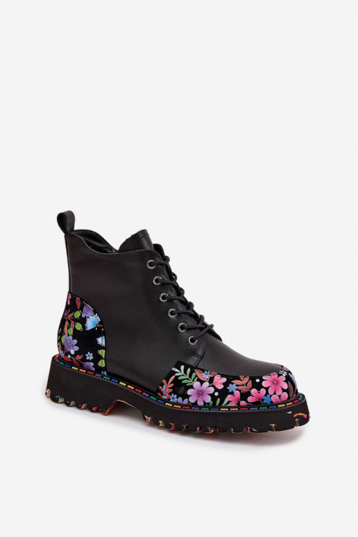 Zwarte leren warme dames enkellaarsjes met bloemen Artiker 57C0180