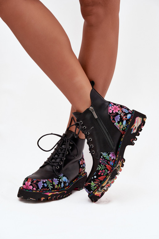 Zwarte leren warme dames enkellaarsjes met bloemen Artiker 57C0180