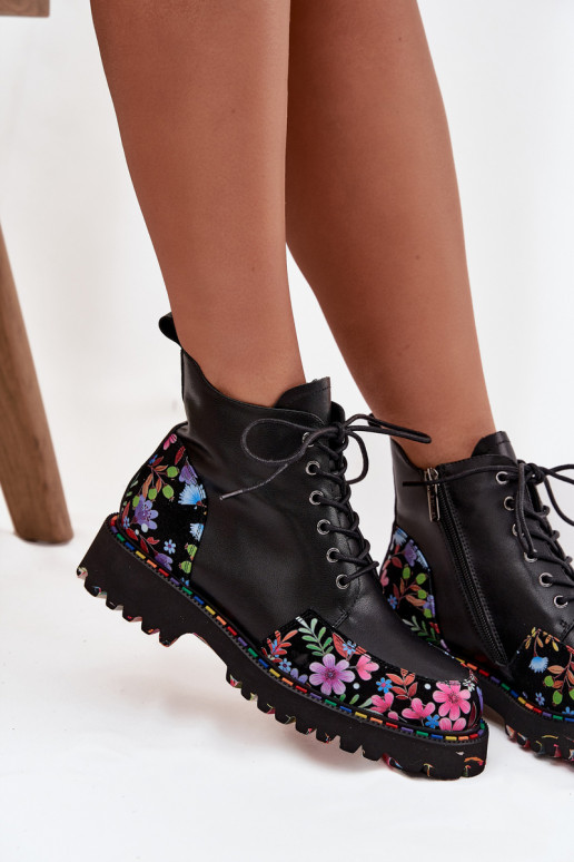 Zwarte leren warme dames enkellaarsjes met bloemen Artiker 57C0180