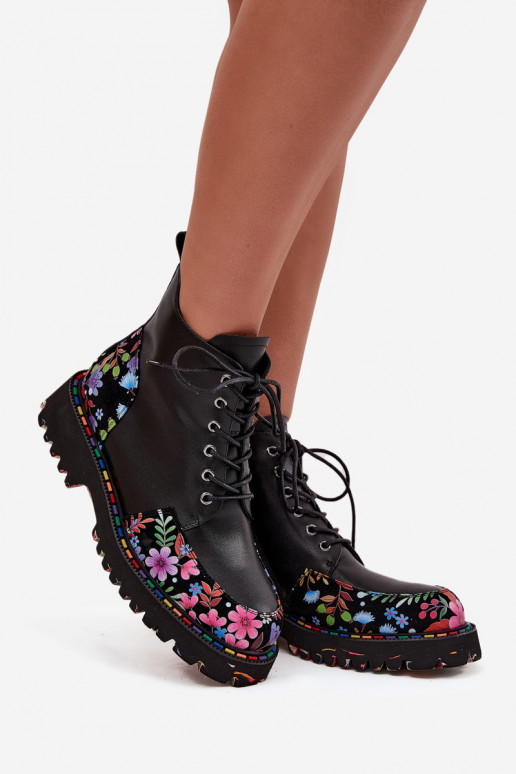 Zwarte leren warme dames enkellaarsjes met bloemen Artiker 57C0180
