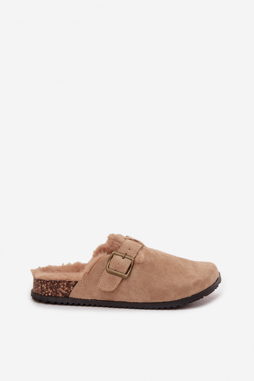 Beige warme damesklompen met bont aan de binnenkant en gespen Sylisse