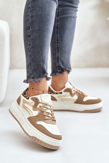 Dames sneakers van faux leather met platform en luipaardpatronen in zand Henizore 2