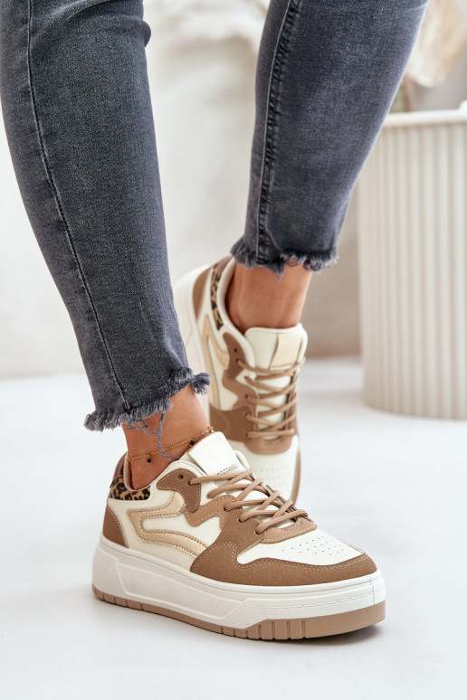 Dames sneakers van faux leather met platform en luipaardpatronen in zand Henizore