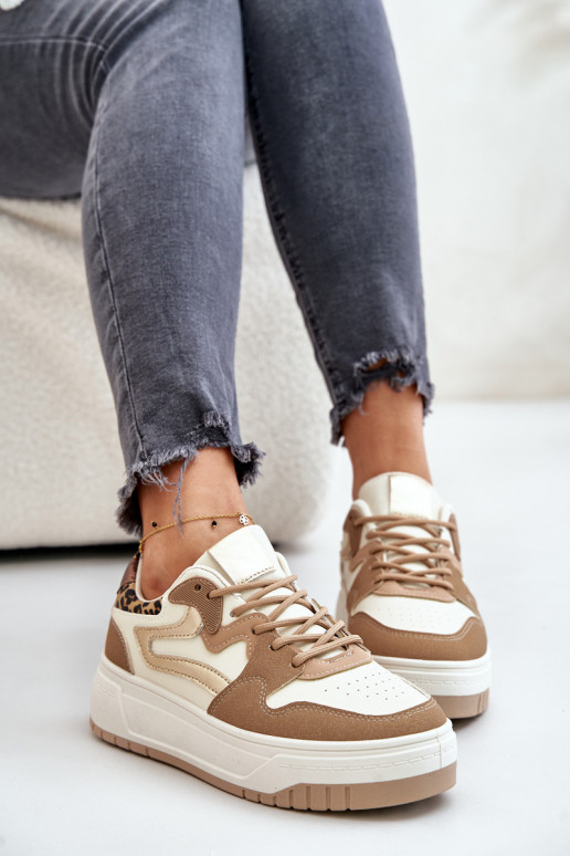 Dames sneakers van faux leather met platform en luipaardpatronen in zand Henizore