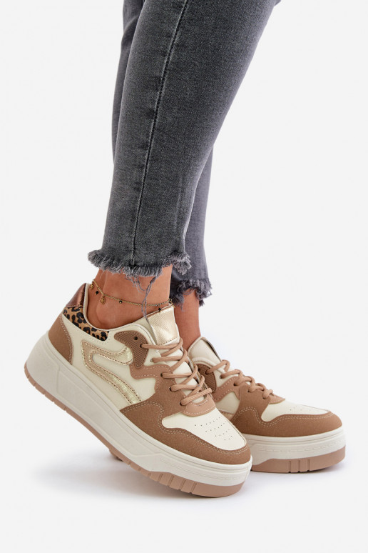 Dames sneakers van faux leather met platform en luipaardpatronen in zand Henizore