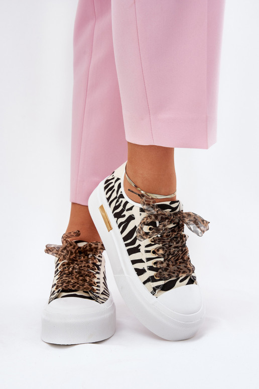 Casual schoenen met platform en decoratieve veters in zwart en zand Zidora