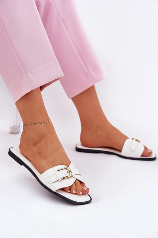 Dames platte slippers met gouden gespen in wit Esiobb