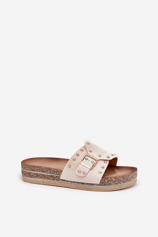 Dames slippers met platform, gespen en spikes in zand Nusithia