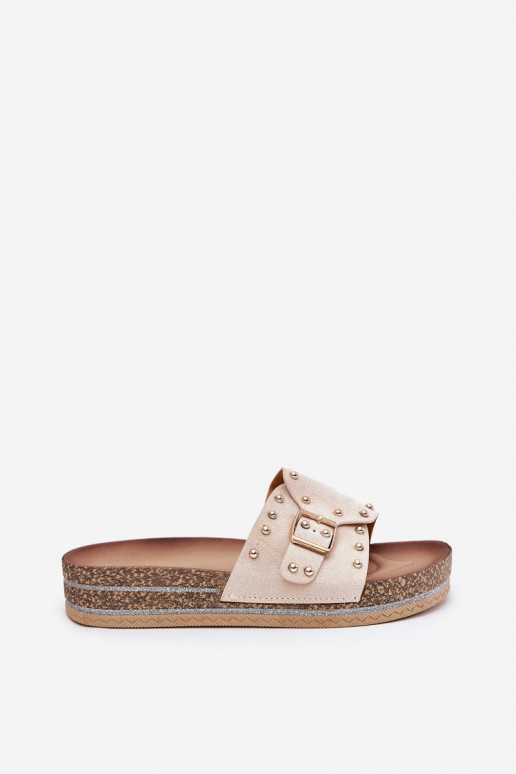 Dames slippers met platform, gespen en spikes in zand Nusithia